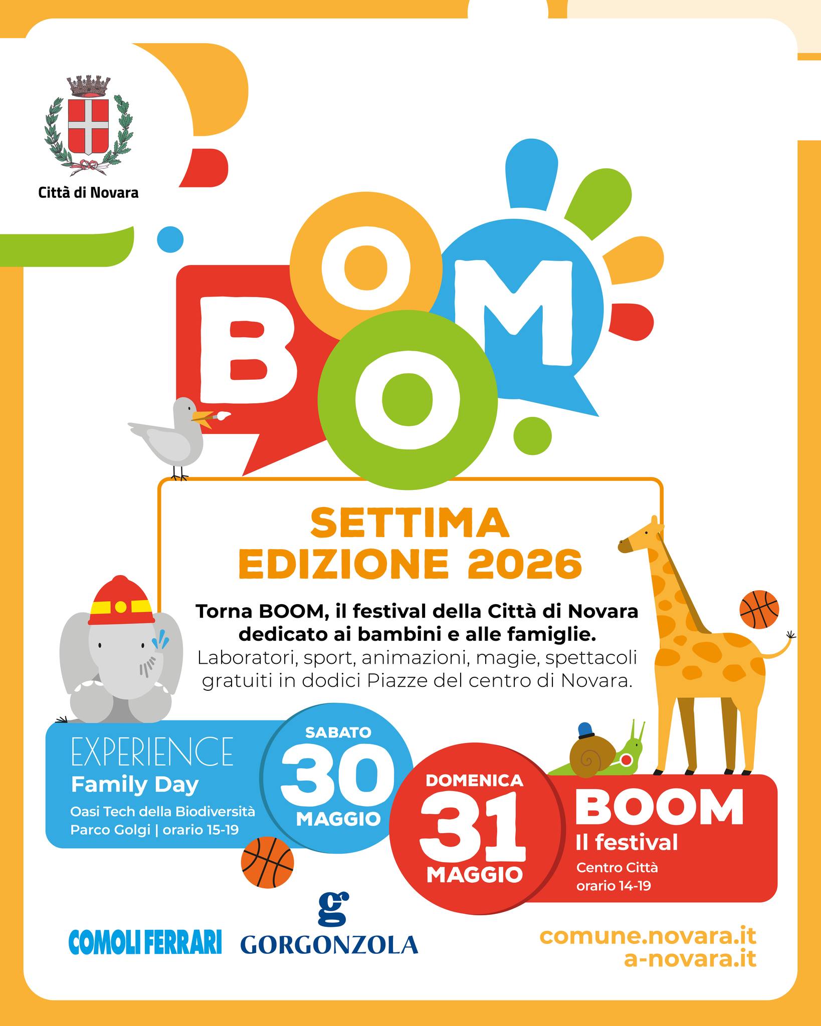 Locandina del festival BOOM 2026 con illustrazioni colorate di animali e richiami al gioco.
