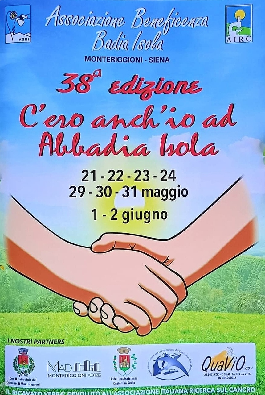 Locandina della 38ª edizione dell'evento C'ero anch'io ad Abbadia Isola con i loghi di Associazione Beneficenza Badia Isola e AIRC