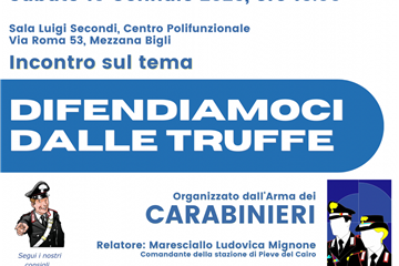 Locandina informativa dell'evento Difendiamoci dalle truffe organizzato dai Carabinieri a Mezzana Bigli