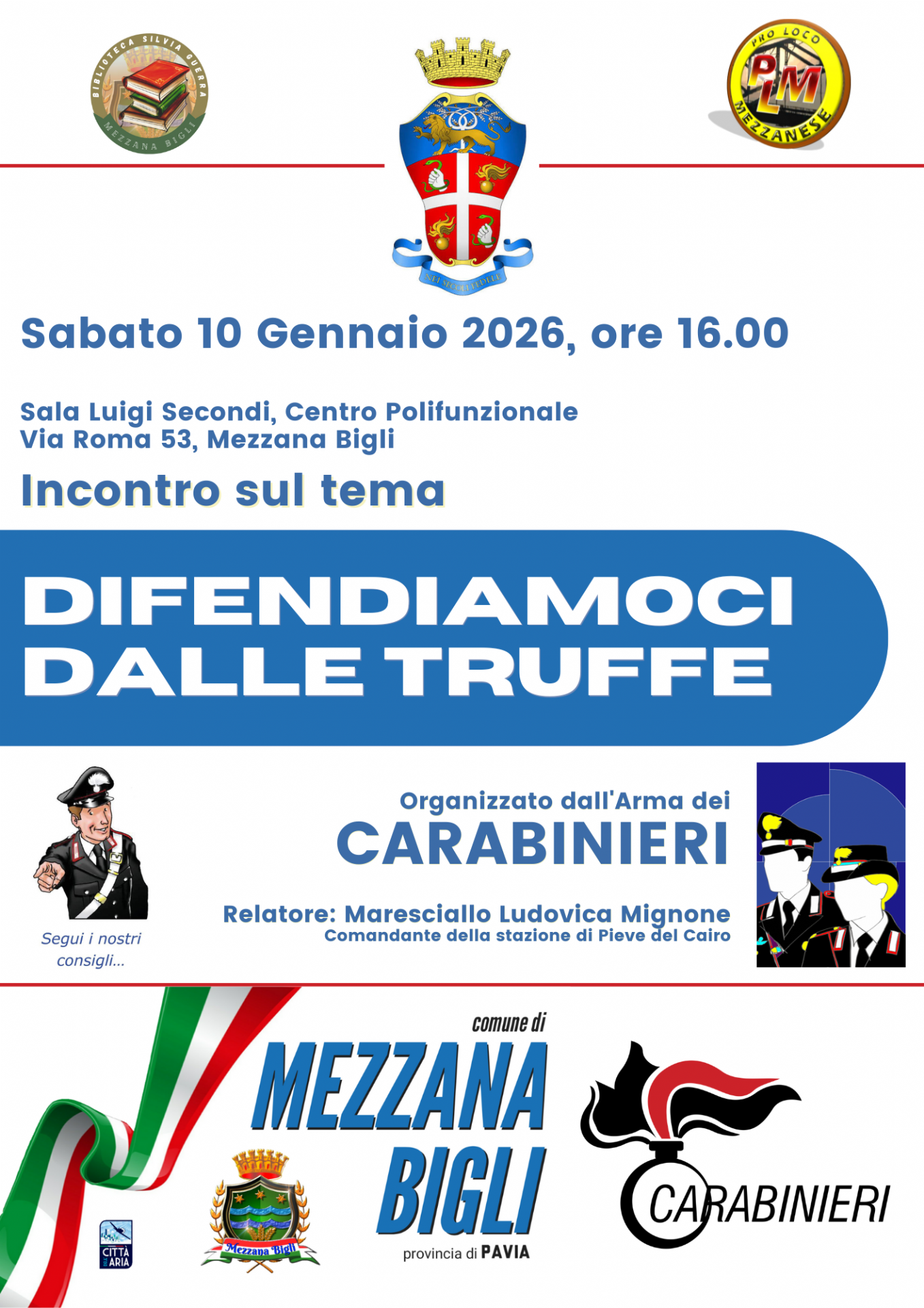 Locandina informativa dell'evento Difendiamoci dalle truffe organizzato dai Carabinieri a Mezzana Bigli